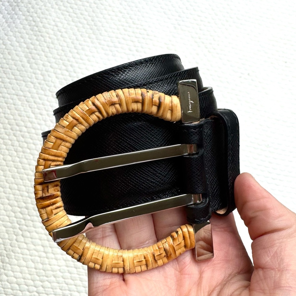 Like New, Vintage Ferragamo Black Leather Belt with Raffia Buckle